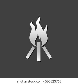 Camp fire icon in metallic grey color style. Camping burn wild fire