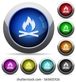Camp fire icons in round glossy buttons with steel frames