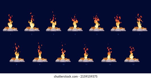 Camp fire icons set. Simple vector illustration in flat style isolated on a Blue background. Fire animation concept.