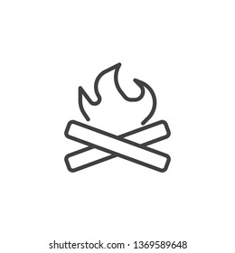 Camp Fire line icon. Bonfire linear style sign for mobile concept and web design. Campfire with Firewood outline vector icon. Camping symbol, logo illustration. Pixel perfect vector graphics