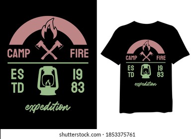 Camp-Feuer, Berg- und Wald-Outdoor-Abenteuer, Vintage-T-Shirt-Design und Typografie-Schrift, Druck, Vektorgrafik, Illustrationsdesign.