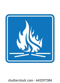 Camp fire place, blue square vector symbol icon