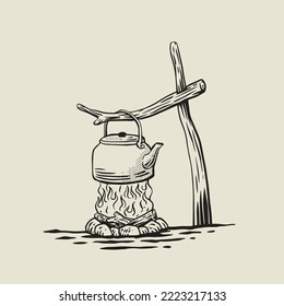 camp fire with pot hanger vector