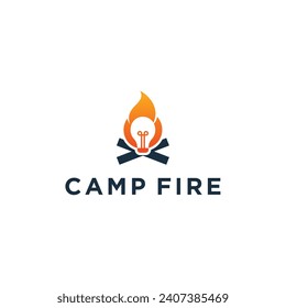 Camp fire and smart bulb innovation logo design vector illustration