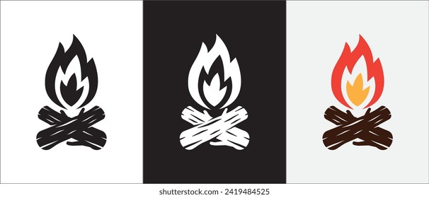 Camp fire vector icons set. Bale fire or bonfire icon set. Burning wood vectors. Great for camping outdoor branding product. simple stock vector illustration in three variation.