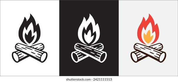 Camp fire vector icons set. Bale fire or bonfire icon set. Burning wood vectors. Great for camping outdoor branding product. simple stock vector illustration in three variation.