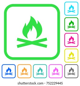 Camp fire vivid colored flat icons in curved borders on white background