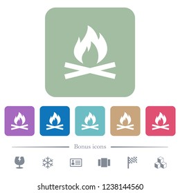 Camp fire white flat icons on color rounded square backgrounds. 6 bonus icons included