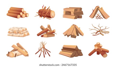 Camp firewood. Stack of pallets for fireplace forest tree timbered exact vector wooden trunks pictures in cartoon style