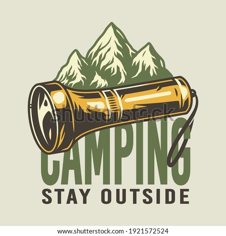 Camp flashlight, mountain and rock for camping and outdoor travel expedition or t-shirt print