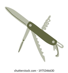 Camp folding multi knife. Hand drawn flat vector illustration isolated on white background. Camping and tourism equipment.	