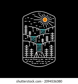 camp in forest with beautiful waterfall - line art mono line for pin graphic illustration vector art t-shirt design