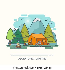 Camp in forest with mountains. Tent and chair, bivvy and kettle on campfire, outdoor adventure, cartoon landscape of wildlife journey, tabernacle and wood in fire.Travel and active tourism, expedition