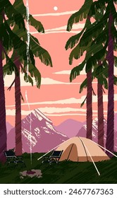 Camp in forest with mountains view vertical poster. Hike tent on grass in woodland. Break, stop during trekking, backpacking at nature. Campfire with smoke in campsite. Flat vector illustration