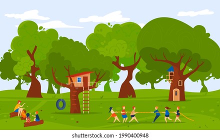 Camp at forest nature, summer outdoor, vector illustration, flat girl boy character play tug-of-war together, children stand near treehouse.