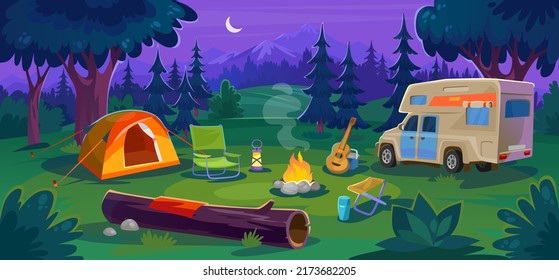 Campamento en un bosque por la noche con vistas a la montaña. Campsite con fogata, carpa, guitarra, y autohome. Viajar y acampar con RV. Vacaciones de verano en la naturaleza. Ilustración vectorial de estilo de dibujos animados.