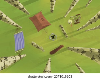 Camp in forest, vector illustration. Hammock, tent and campfire on green grass, top view