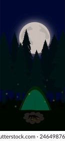 camp in the forest when night morning and sunrise,.ilustrasion , nature background. tree, moonlight, night, campfire.