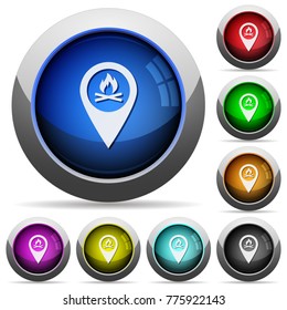 Camp GPS map location icons in round glossy buttons with steel frames