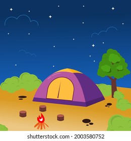 Camp Ground With Tent, Camp Fire, Night Vision