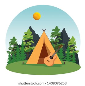camp with guitar and nature landscape explore