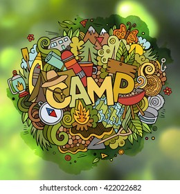 Camp hand lettering and doodles elements and symbols background. Vector blurred illustration