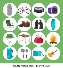 Camp, hike. Icon set isolated on white background. Vector illustration.