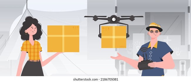 Camp for humanitarian aid. The drone is transporting the parcel. Man and woman with cardboard boxes. Flat modern design. Vector.
