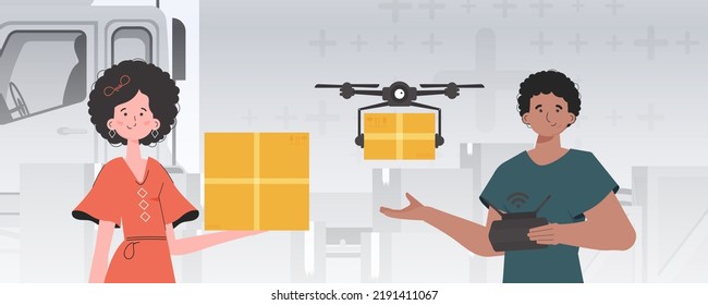 Camp for humanitarian aid. The drone is transporting the parcel. Man and woman with cardboard boxes. trendy style. Vector illustration.