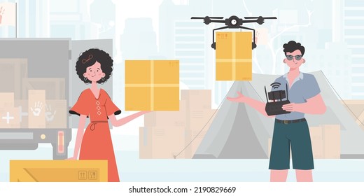 Camp for humanitarian aid. The quadcopter is transporting the parcel. Man and woman with cardboard boxes. Vector illustration.