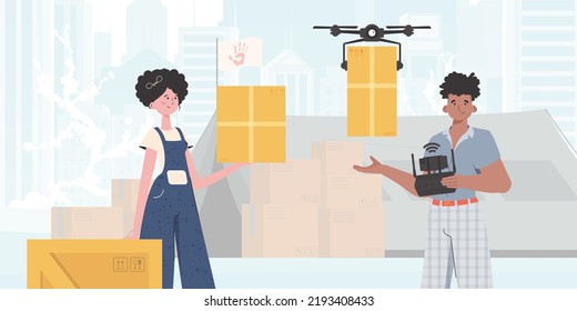 Camp for humanitarian aid. The quadcopter is transporting the parcel. Man and woman with cardboard boxes. Flat modern design. Vector.
