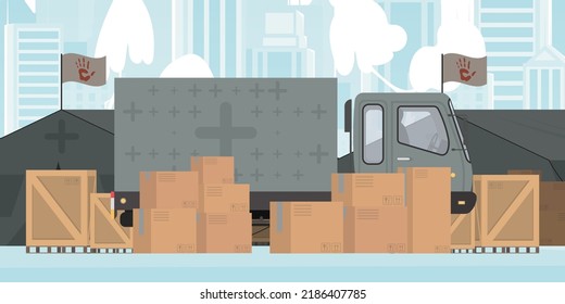 Camp for humanitarian aid. Tents, Boxes and pallets. trendy style. Vector.
