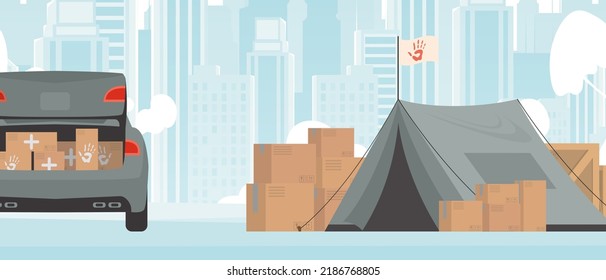 Camp for humanitarian aid. Tents, Boxes and pallets. Vector.