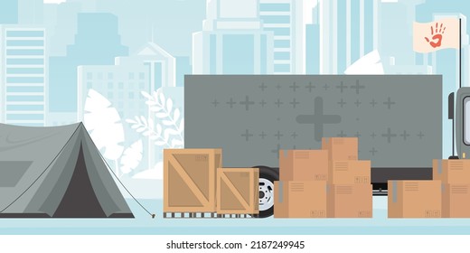 Camp for humanitarian aid. Tents, Boxes and pallets. trendy style. Vector.