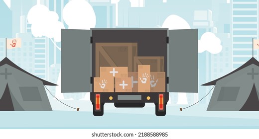 Camp for humanitarian aid. Tents, Boxes and pallets. Vector.