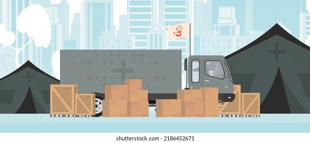 Camp for humanitarian aid. Tents and Cargo for the needy. trendy style. Vector illustration.