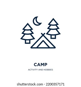 camp icon from activity and hobbies collection. Thin linear camp, picnic, outdoor outline icon isolated on white background. Line vector camp sign, symbol for web and mobile