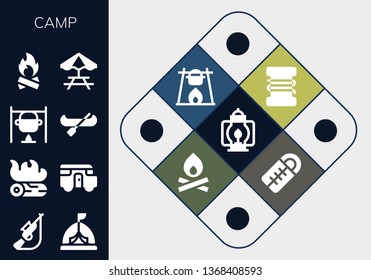 camp icon set. 13 filled camp icons.  Collection Of - Lantern, Hunting, Tent, Campfire, Caravan, Bonfire, Canoe, Picnic table, Fishing line, Sleeping bag