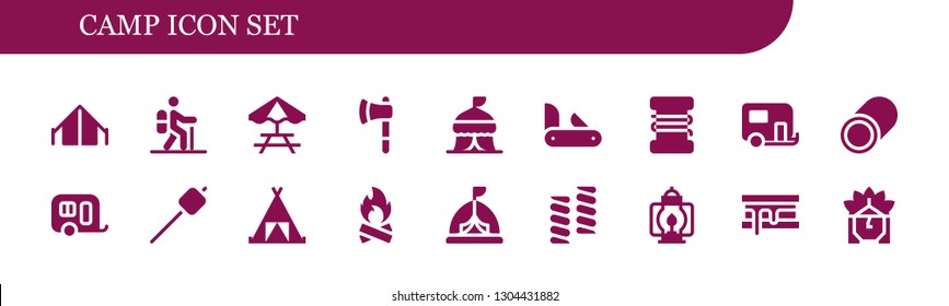 camp icon set. 18 filled camp icons.  Simple modern icons about  - Tent, Hiking, Picnic table, Ax, Penknife, Fishing line, Caravan, Marshmallow, Bonfire, Lantern, Smore, Indian