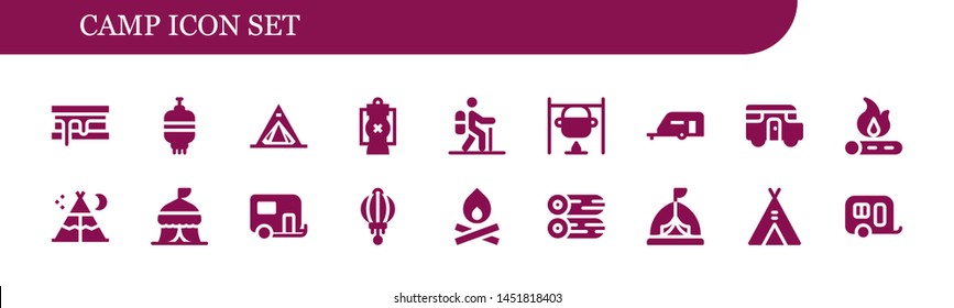 camp icon set. 18 filled camp icons.  Simple modern icons about  - Smore, Lantern, Tent, Hiking, Bonfire, Caravan, Woods