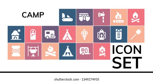 camp icon set. 19 filled camp icons.  Simple modern icons about  - Penknife, Cabin, Fishing line, Bonfire, Campfire, Tent, Caravan, Sleeping bag, Lantern, Marshmallow, Ax