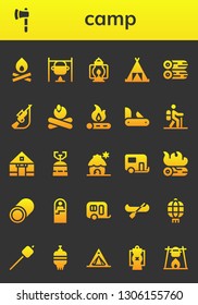 camp icon set. 26 filled camp icons.  Simple modern icons about  - Bonfire, Ax, Lantern, Tent, Woods, Hunting, Campfire, Penknife, Hiking, Camping gas, Cabin, Caravan, Marshmallow