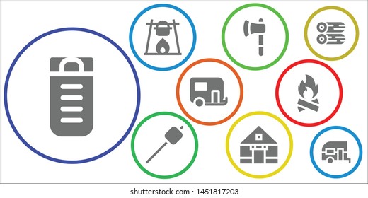 camp icon set. 9 filled camp icons.  Simple modern icons about  - Sleeping bag, Bonfire, Ax, Marshmallow, Tent, Caravan, Woods