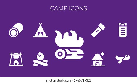 camp icon set. 9 filled camp icons.  Simple modern icons such as: Campfire, Tent, Bonfire, Marshmallow, Canoe, Sleeping bag, Cabin, Lantern