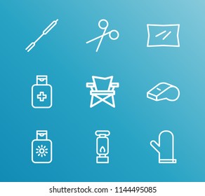 Camp icon set and camp chair with lantern, scissors and roasting sticks. Fork related camp icon vector for web UI logo design.