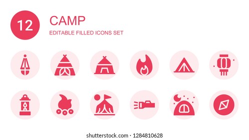 camp icon set. Collection of 12 filled camp icons included Lantern, Tent, Bonfire, Campfire, Camp, Camping, Adventure