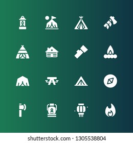 camp icon set. Collection of 16 filled camp icons included Bonfire, Lantern, Oil lamp, Ax, Adventure, Tent, Picnic table, Campfire, Cabin, Camp