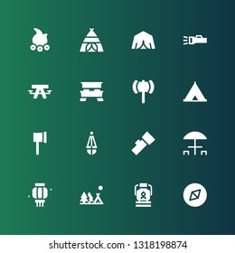 camp icon set. Collection of 16 filled camp icons included Adventure, Oil lamp, Camping, Lantern, Picnic table, Ax, Tent, Campfire