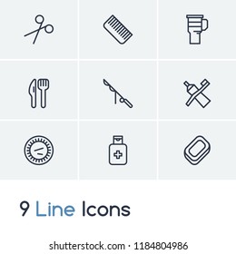 Camp icon set and paper plates with sunburn lotion, toothbrush with paste and scissors. Cutlery related camp icon vector for web UI logo design.