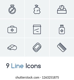 Camp icon set and plastic baggies with garbage bags, sunburn lotion and whistle. Junk related camp icon vector for web UI logo design.